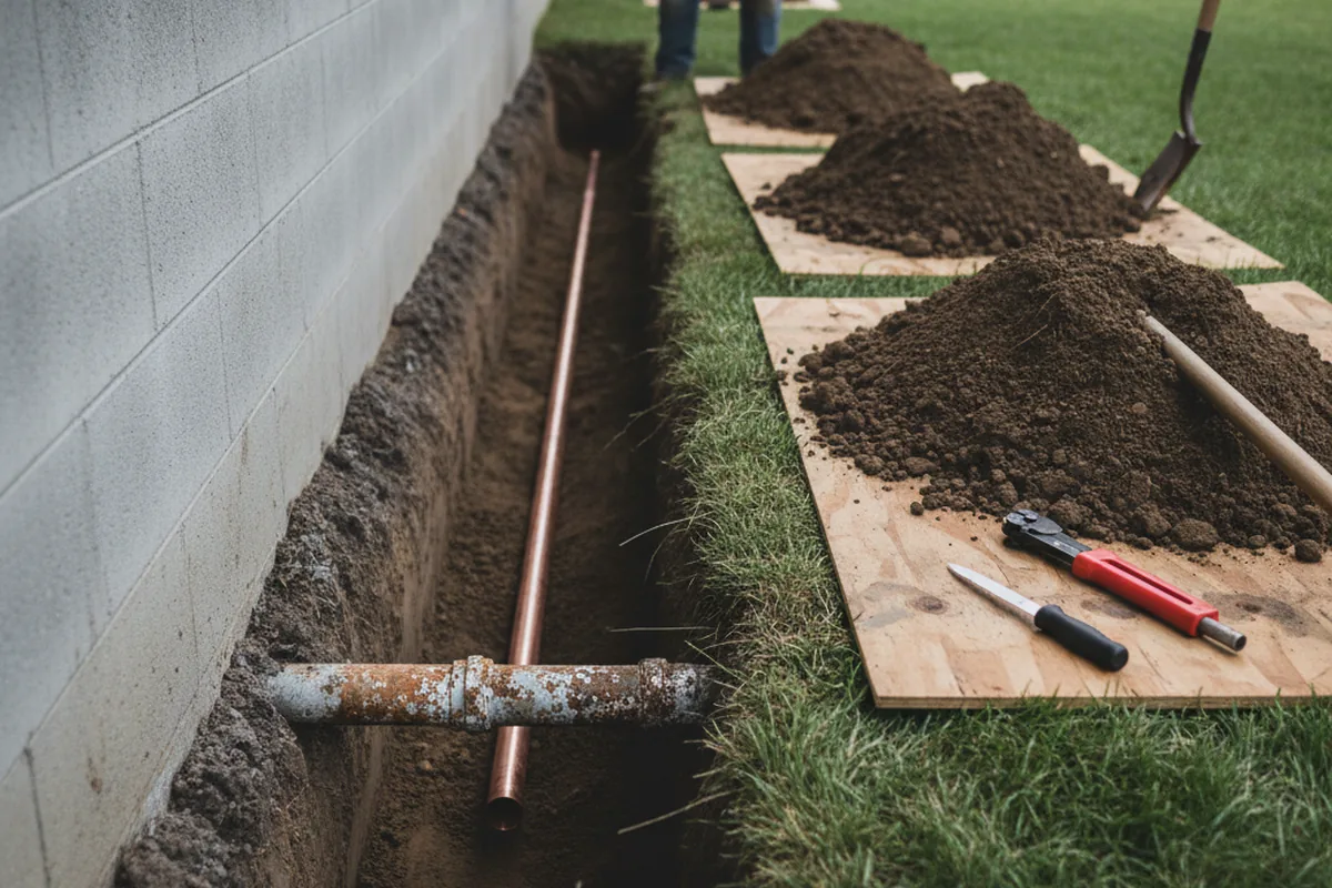 Excavated water line trench during Sewer Line Repair in Ira